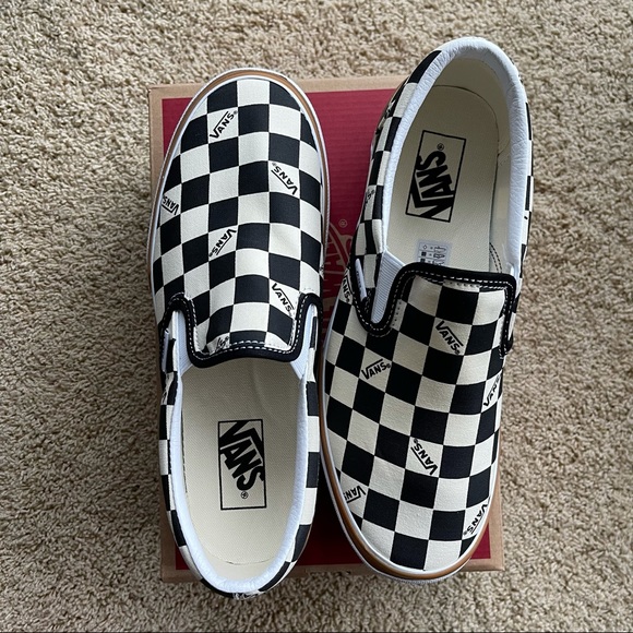 Vans Slip On Stacked Checkerboard Skate Shoe - Black / White - Picture 2 of 4